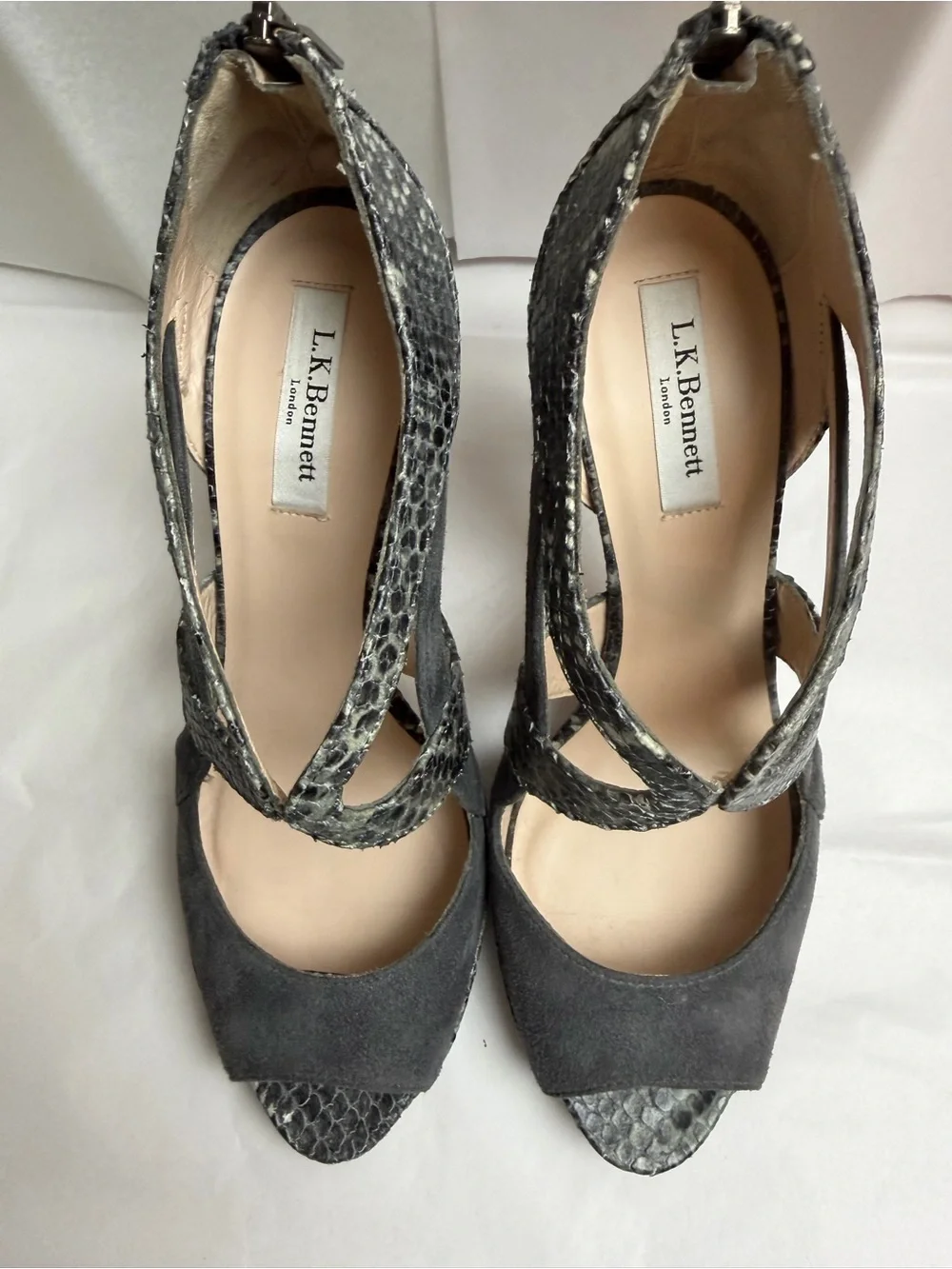 LK Bennett Black Suede and Snakeskin T-Strap Peep-Toe Heels